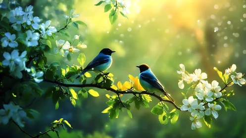 Two Bluebirds on Flowering Branch in Dreamy Spring Light.