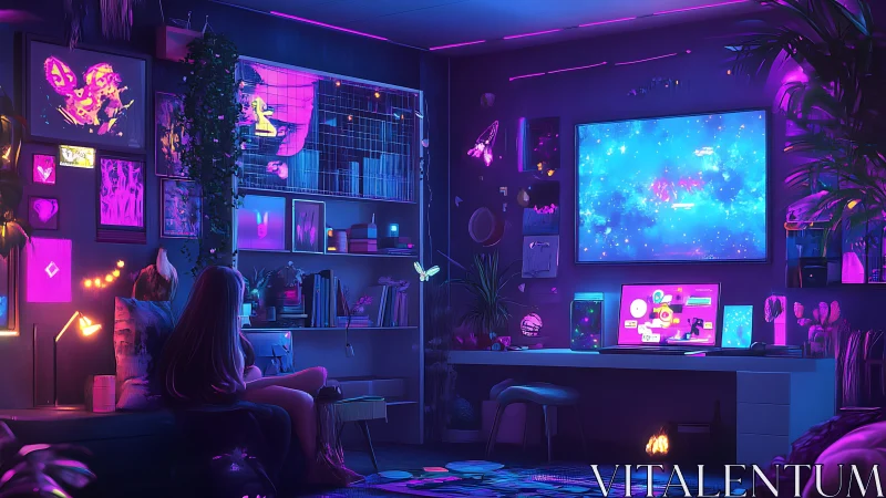 Cozy neon gamer sanctuary glowing with dreamy night light.
