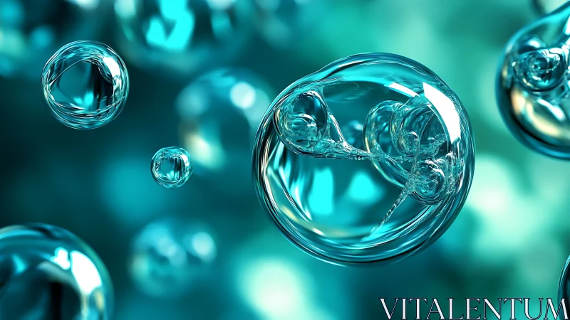 Glowing turquoise liquid bubbles in abstract 3D depth.