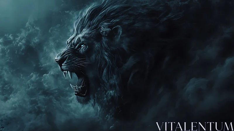 Mythic spectral lion materializes from storm-laden nebulous clouds