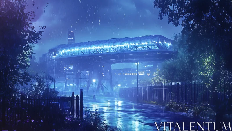 Neon skybridge hums over a rain-drenched midnight street.