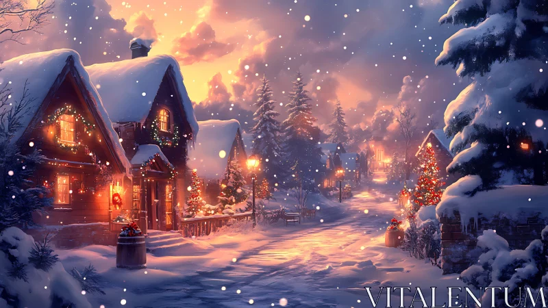 Snowy Christmas village street under warm glowing lights.