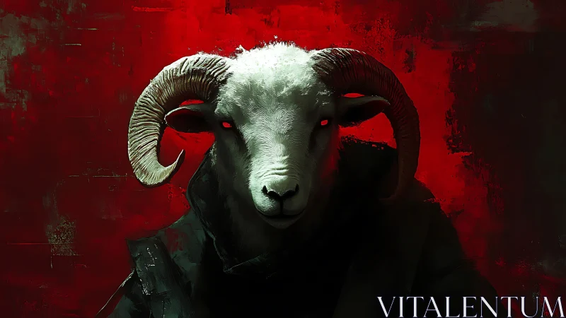 Crimson-lit ram warlock stares through burning velvet dusk.