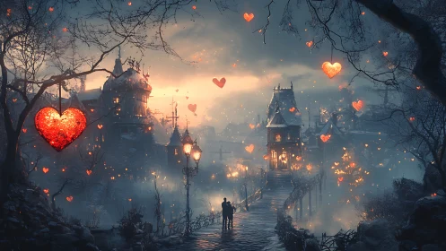 Gothic Castle in Glowing Heart Light Fantasy Scene.