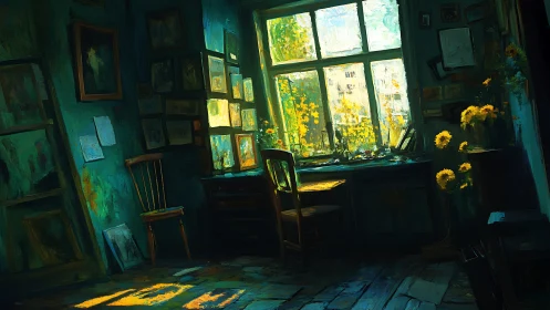 Sunlit painter&rsquo;s studio with teal shadows and florals.
