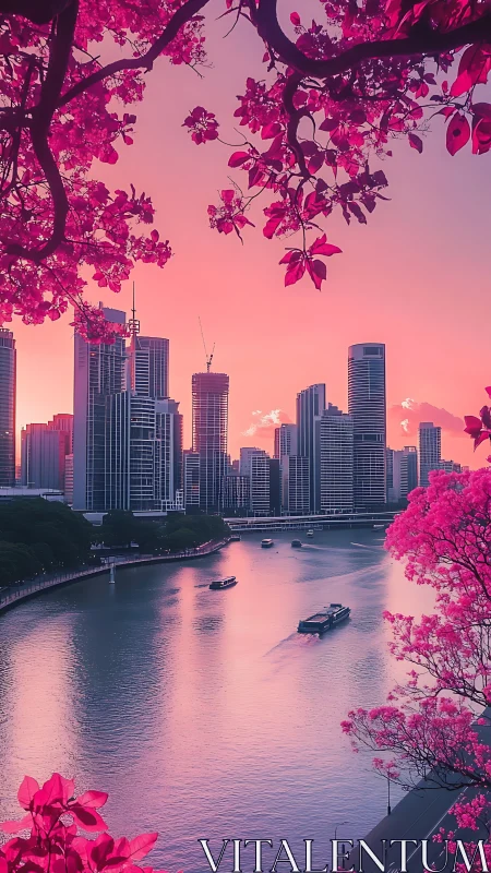 Sunset city river framed by vivid magenta blossoms.