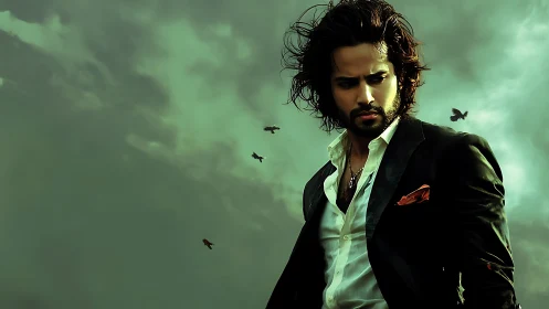 Brooding male figure under stormy teal sky in stylized portrait