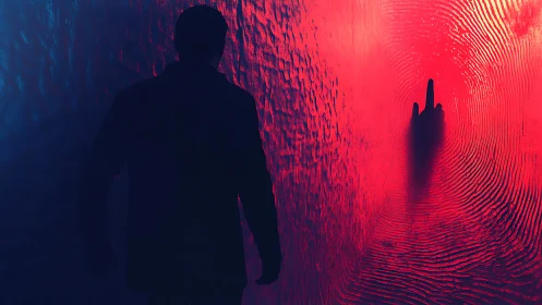 Silhouetted figure approaches glowing red fingerprint wall