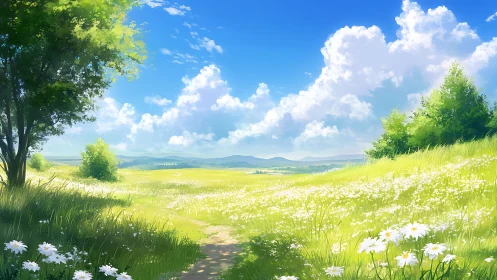 Sunlit wildflower meadow under expansive summer sky.