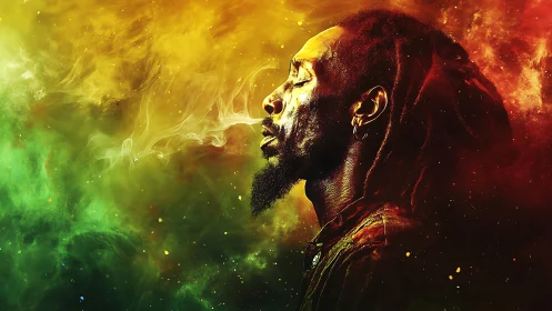 Soulful man in colorful smoke savors a quiet, glowing moment