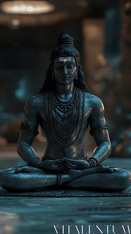 Quiet divinity settles in a serene blue stone meditation