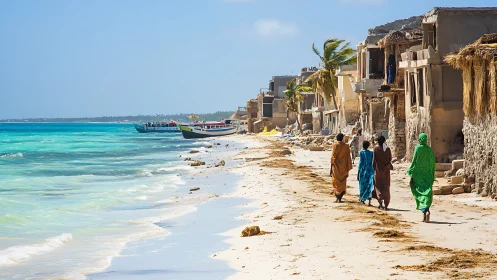 Coastal settlement with shoreline dwellings and small boats.