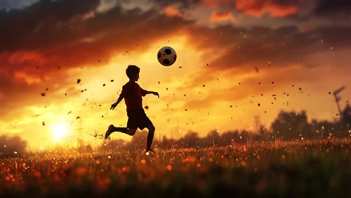 Silhouette of child playing soccer under vivid sunset sky.