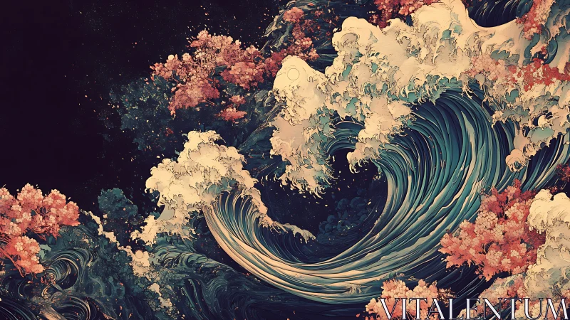 Gentle dreamlike wave curling through blooming coral night.