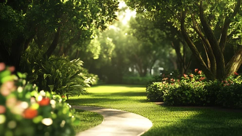Curved concrete path runs through manicured tree-lined garden