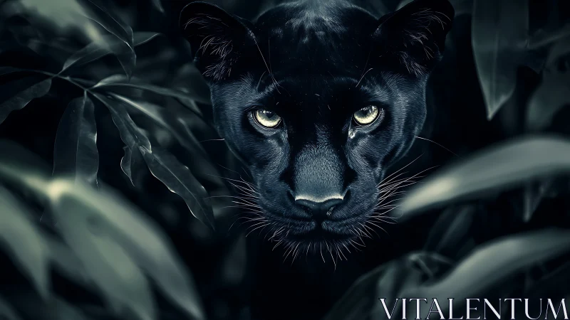 Black Panther Portrait with Luminous Eyes in Vegetation.