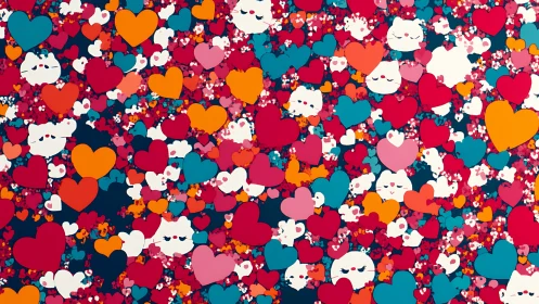 Colorful heart and cute character shapes in vibrant layered composition.