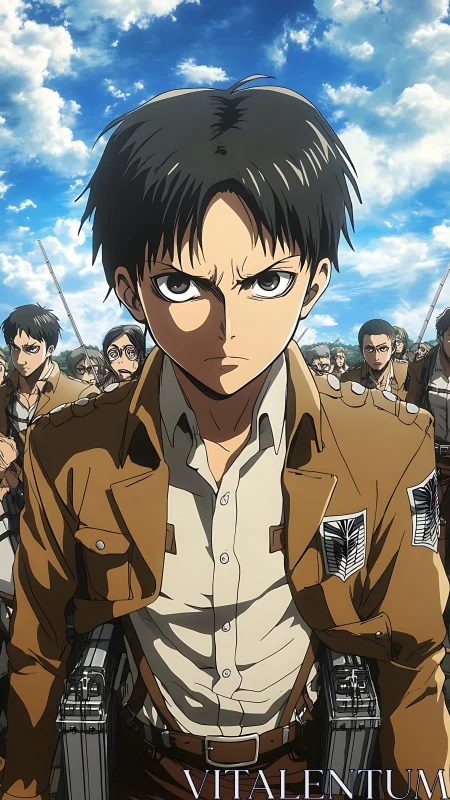 Anime soldiers in brown uniforms under partly cloudy sky.