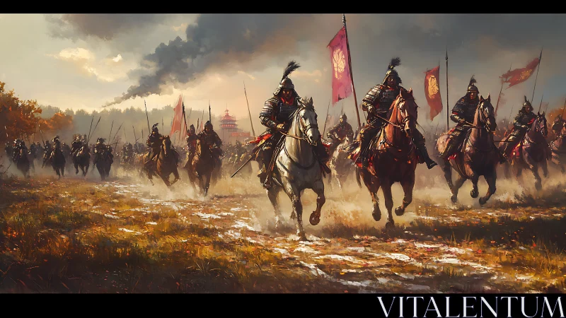 Samurai cavalry charge across battlefield toward burning fortress.