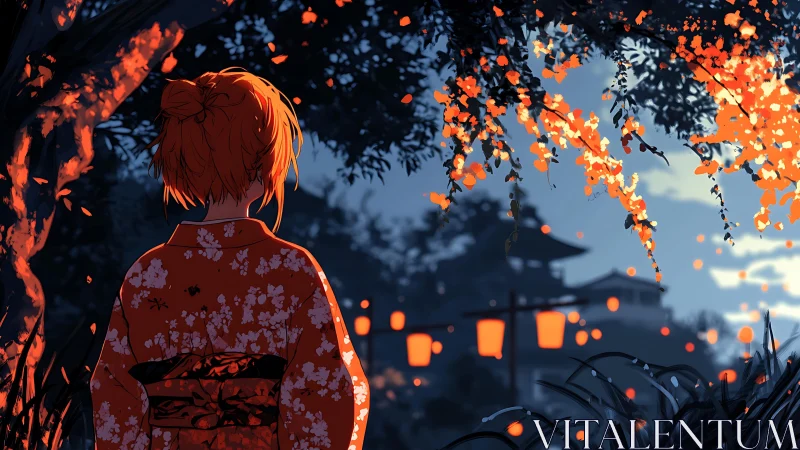 Lantern-lit kimono evening under whispering ember leaves.