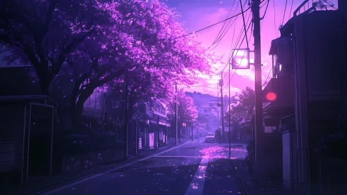 Purple twilight street under cherry blossom trees.