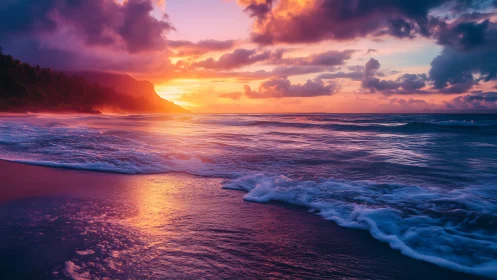 Luminous sunset surf washing over tranquil tropical shore.