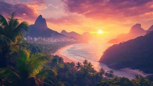 Glowing tropical coastline welcomes sunset over distant city