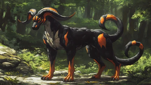 Infernal horned beast standing in sunlit forest clearing.