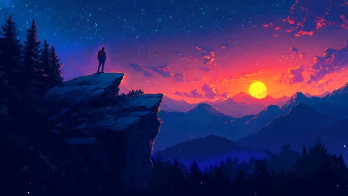 Lone dreamer on cliff rim watches neon wildfire sunset sky.