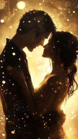 Silhouetted figures share intimate moment illuminated by golden bokeh particles