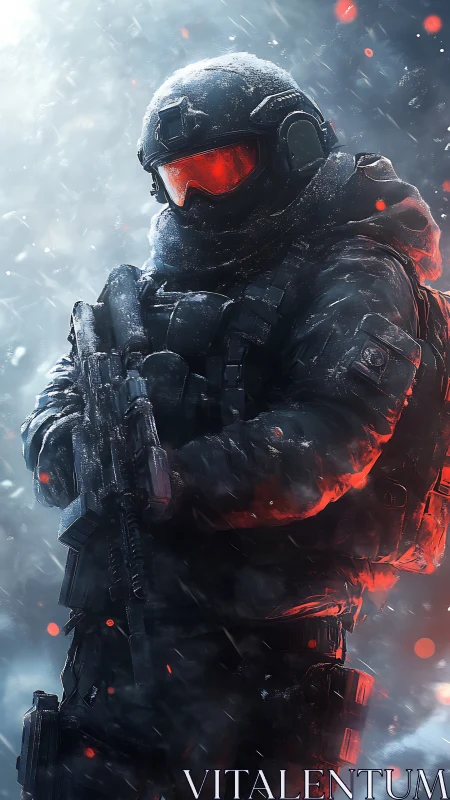 Heavily armed soldier stands in snow with red visor glow
