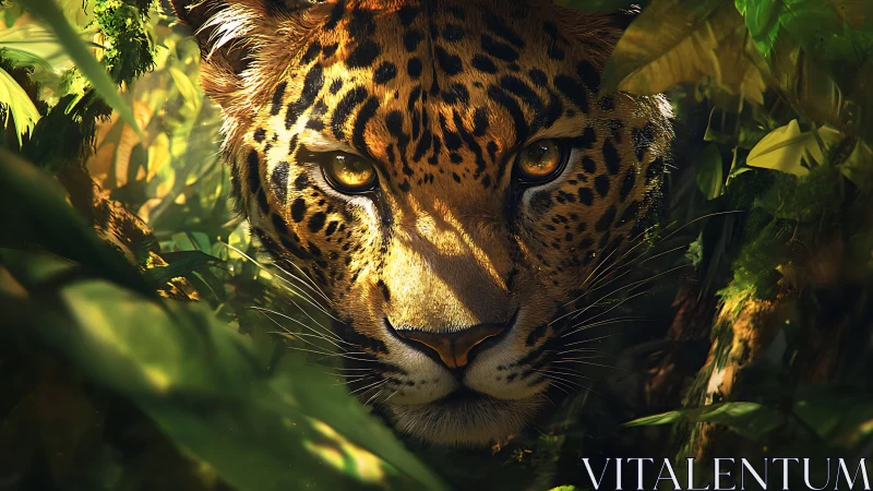 Leopard Emerges Through Jungle Foliage with Piercing Golden Eyes.
