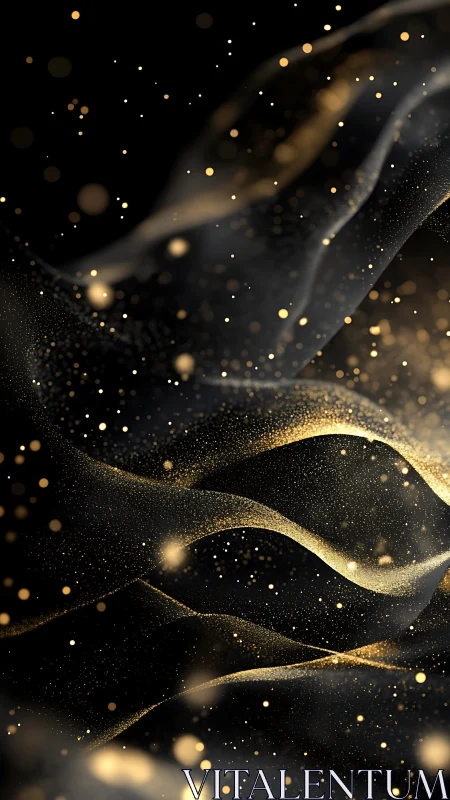 Golden particle waves flowing over dark abstract background.