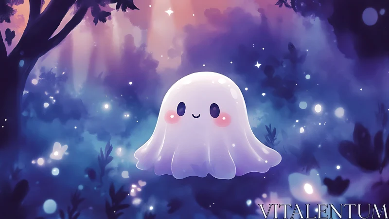 Gentle glowing ghost drifts through a dreamy twilight forest.