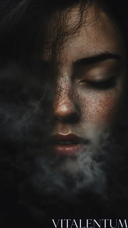 Freckled face in shadowed haze evokes quiet inner emotion