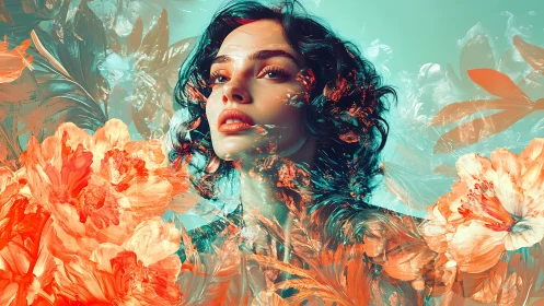 Portrait of a woman dissolved in abstract floral chroma field