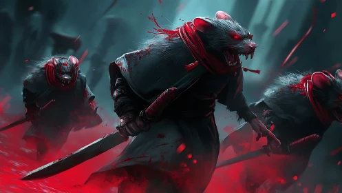 Blade-bearing rat warriors charge through a crimson mist