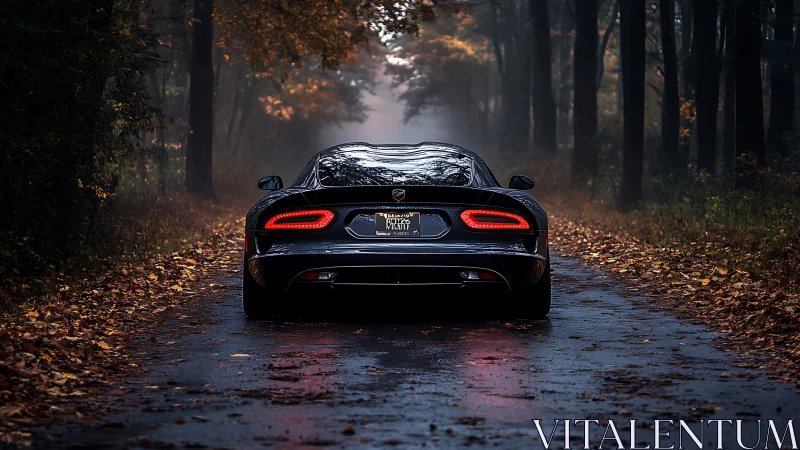 Midnight sports coupe on wet forest road at dusk.