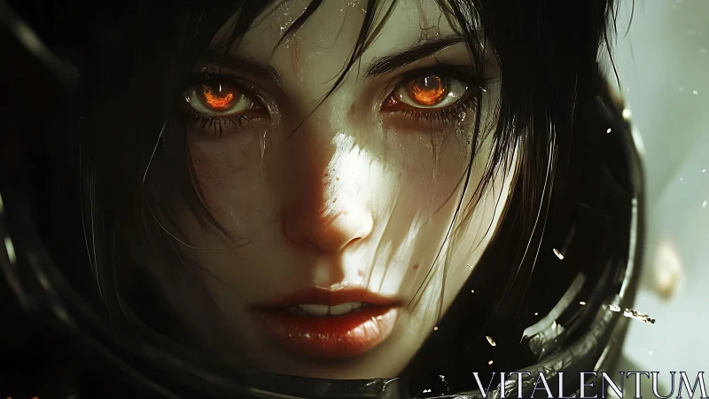 Woman with glowing orange eyes stares directly at viewer