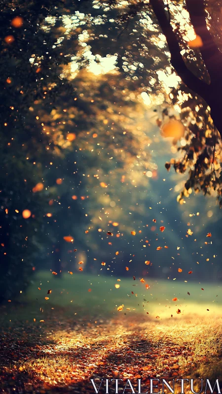 Autumn leaves swirl through sunlit forest pathway glow.