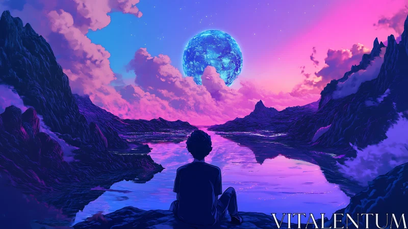 Solitary dreamer beneath neon twilight and twin moonrise.