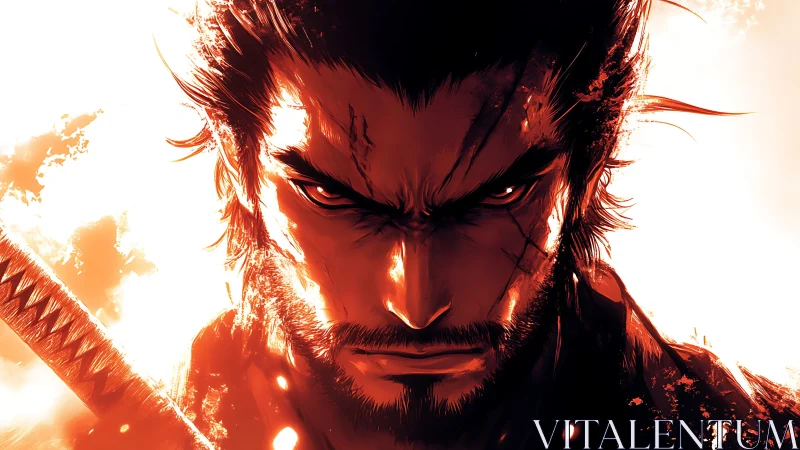 Fierce lone swordsman framed in blazing, molten light.