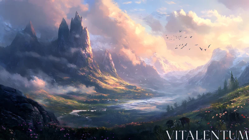 Sunlit alpine valley with jagged spires and glacial river basin