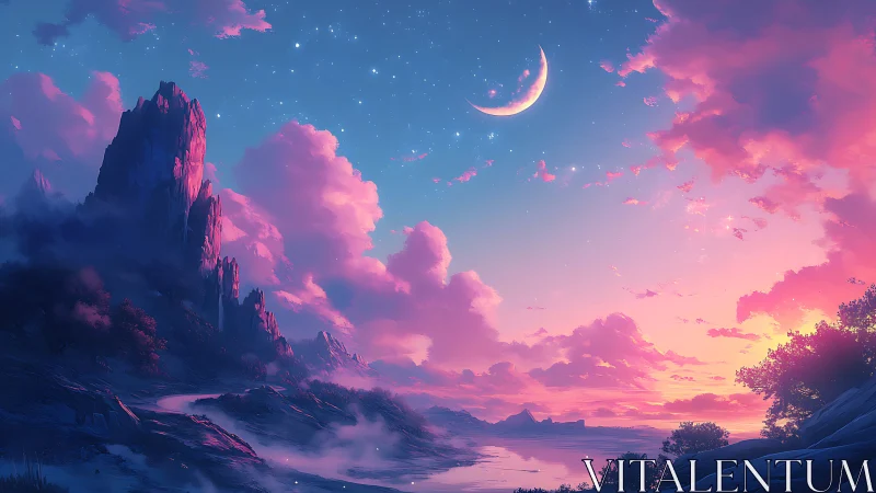 Dreamy crescent moon above glowing pink twilight clouds.