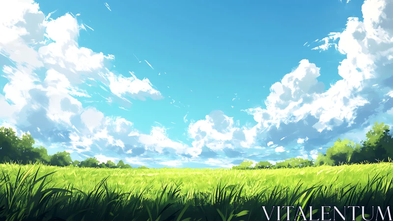 Vast sunlit meadow under dynamic cumulus cloud formations