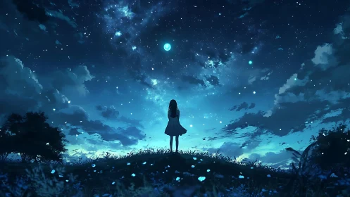Girl on starlit hill gazes toward luminous midnight sky