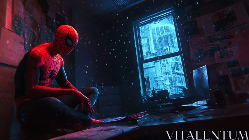 Spider-suited hero sits in rainy neon-lit room by window