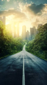 Straight road converges toward sunlit cityscape through verdant passage.