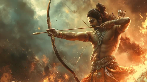 Mythic archer with bow drawn amid smoke and fire clouds.