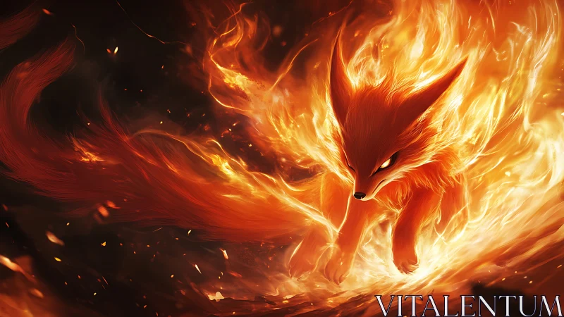 Fox of wildfire comets racing through ember-soaked night.